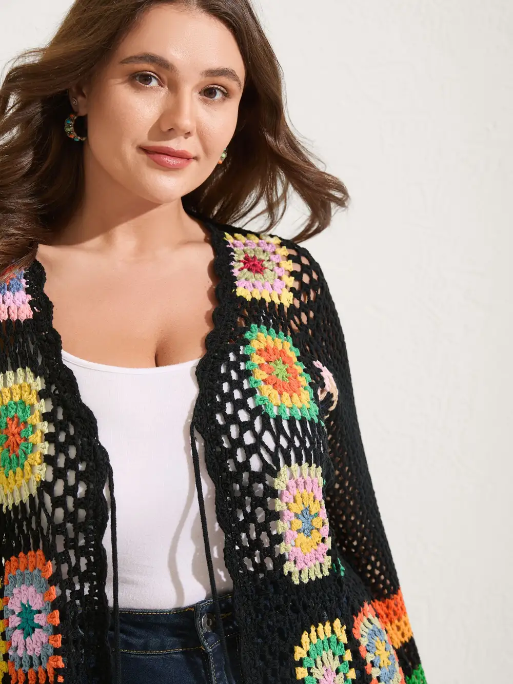 Colorful Floral Crochet Tie Knit Cardigan
