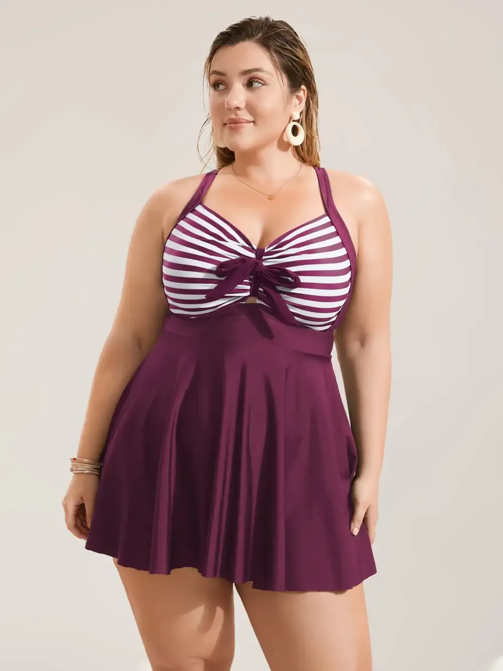 Stripes Patchwork Tie Knot Cross Straps Swim Dress