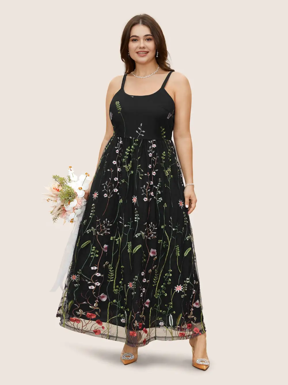 U Neck Floral Embroidered Mesh Cami Dress
