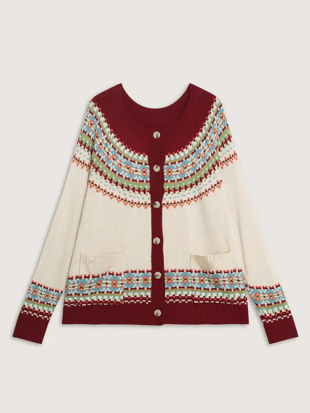 Fair Isle Button-Front Pockets Cardigan