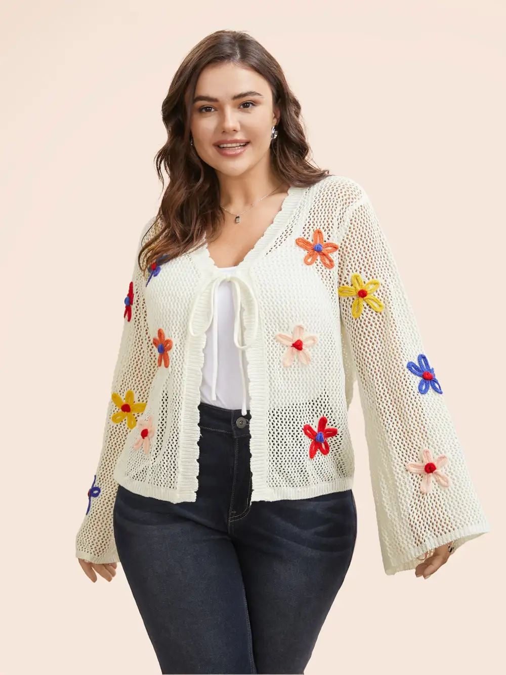 Knit Floral Front Tie Cardigan