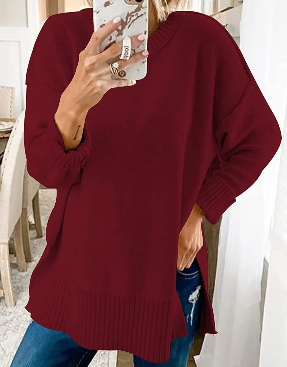 Women With Round Neck Long Sleeves And Slit Sweaters