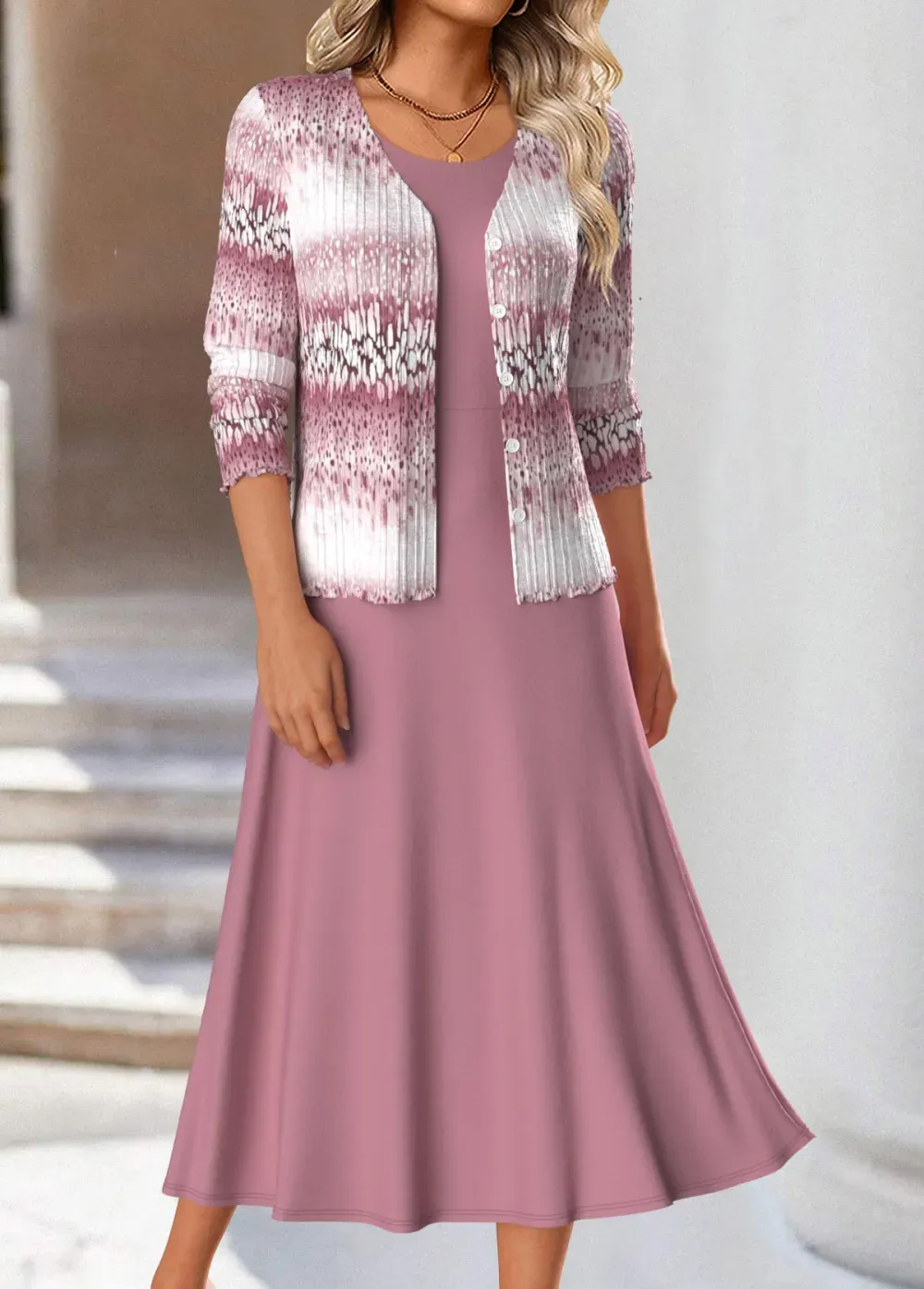 Pink Two Piece Ombre Long Sleeve Dress and Cardigan