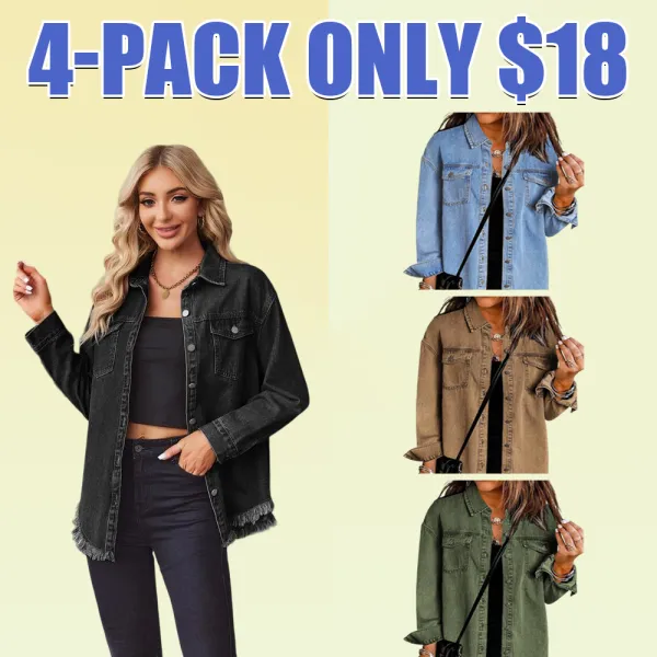 Jean Jackets for Women Ripped Fringe Denim Jean Jacket Casual Long Sleeve Pockets Jackets