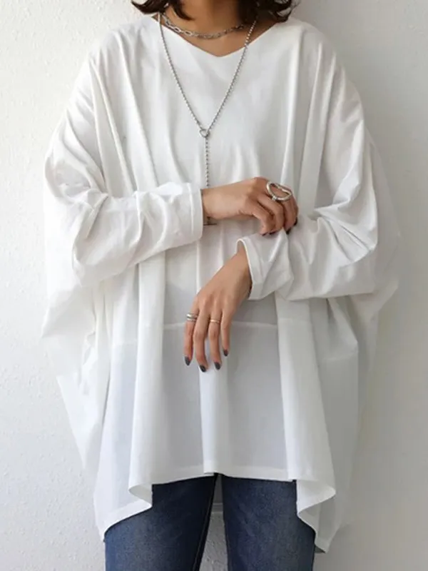 Simple Oversize Solid Color V-Neck Batwing Sleeve T-Shirts