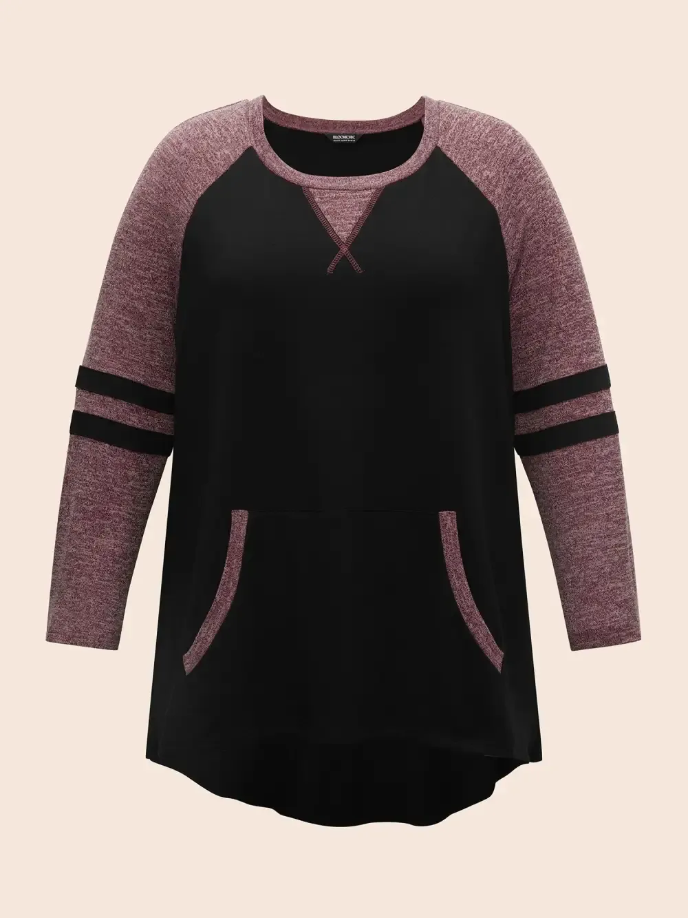 Striped Contrast Pocket Raglan Sleeve High Low Hem Sweatshirt