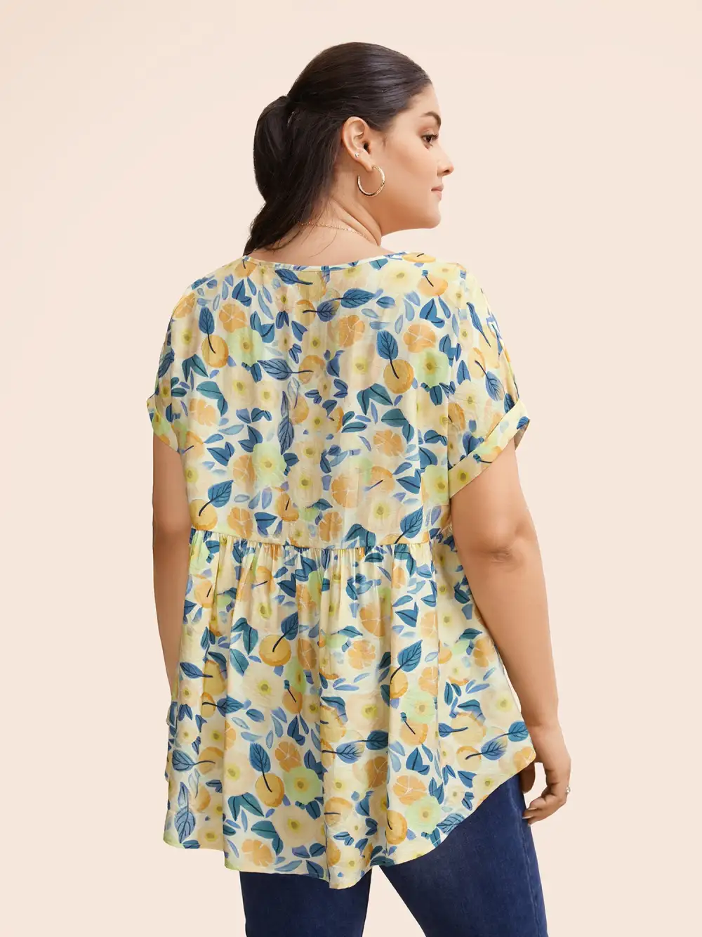 Fruit Print Curved Hem Batwing Sleeve Blouse