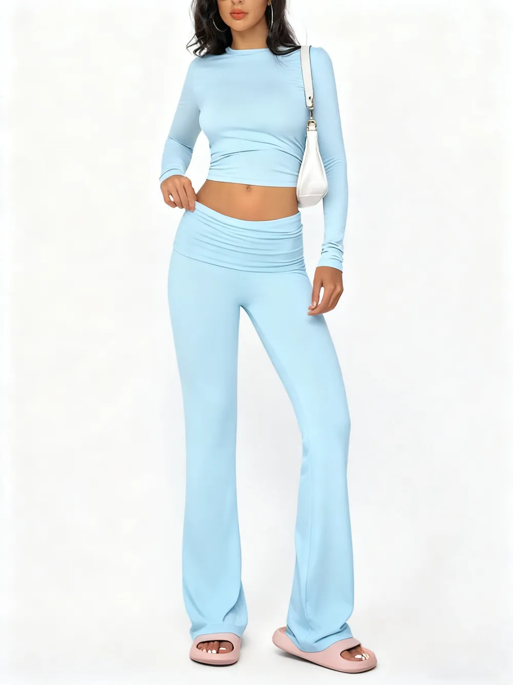 Women's Summer 2-Piece Set: Long-Sleeve Crop Tee + Fold-Over Waist Flare Leg Pants (Casual Elegant)