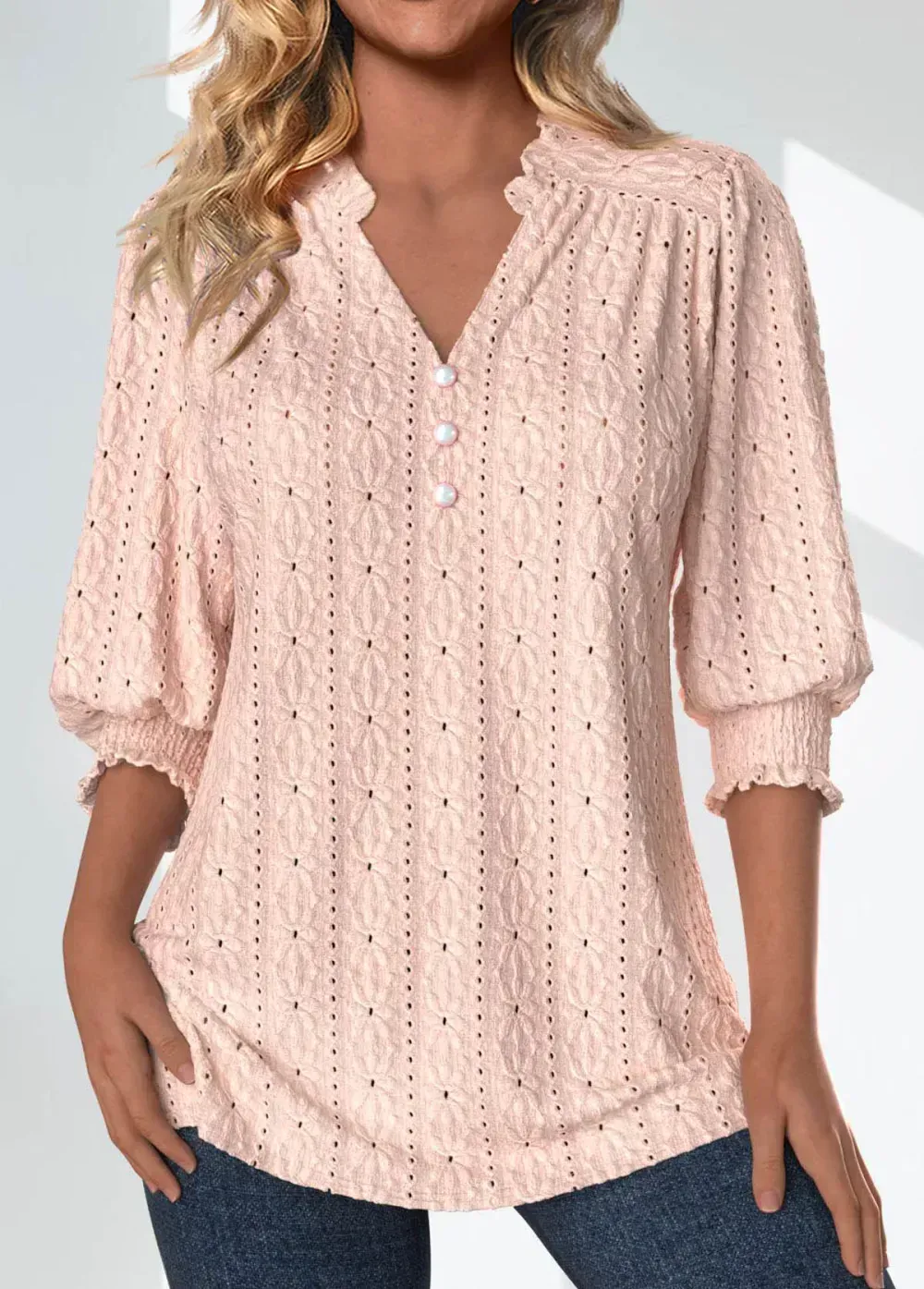 Light Pink Textured Fabric Plus Size 3/4 Sleeve Blouse