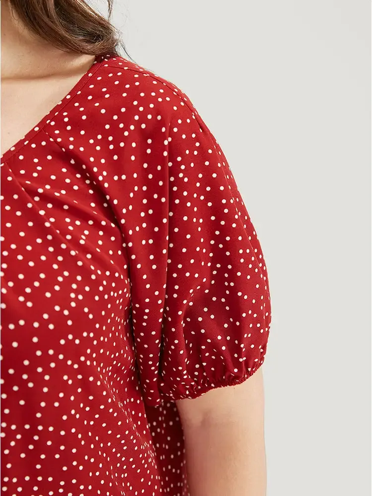 Polka Dot Pleated Round Neck Puff Sleeve Blouse