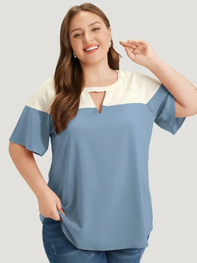 Anti-Wrinkle Two Tone Keyhole Raglan Sleeve Blouse