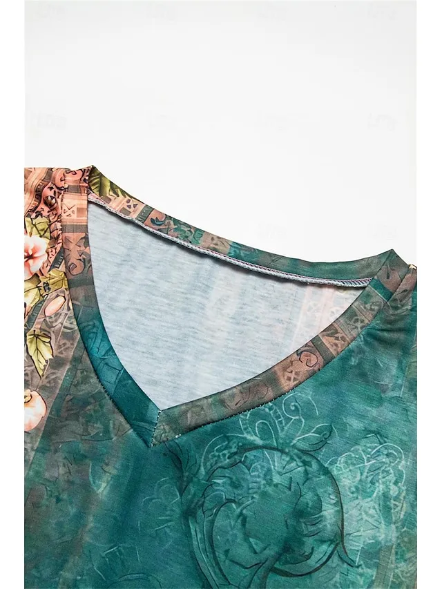 Women's T shirt Tee Shorts Sets Floral Casual Daily Print Light Green Short Sleeve Fashion V Neck Summer