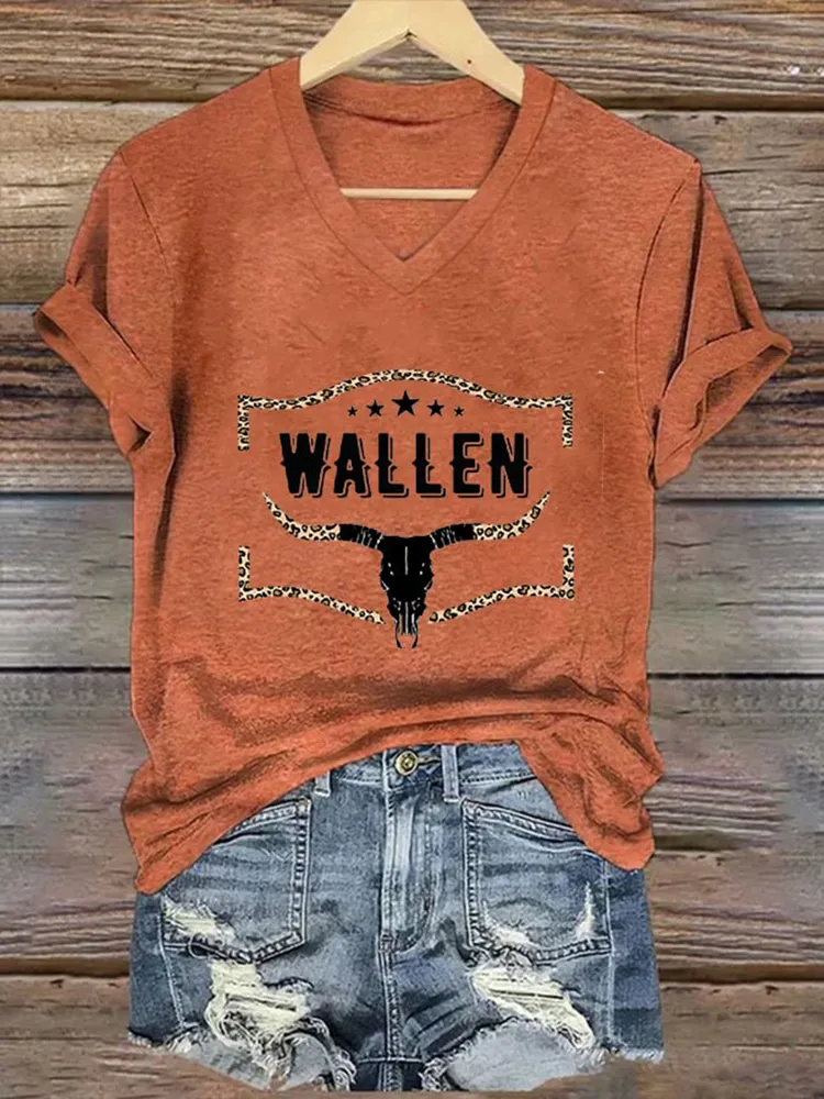 Wallwn Printed V-Neck Short-Sleeved T-Shirt