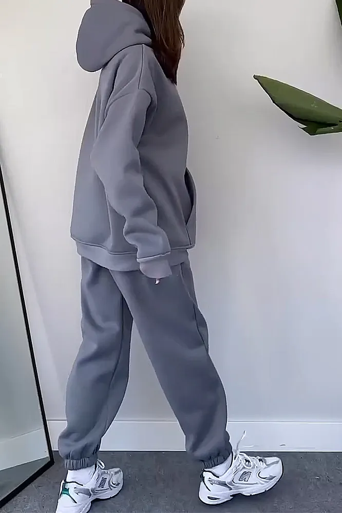 Women's Solid Hooded Sweatshirt and Pants 2-Piece Set