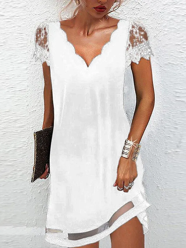 Women‘s Lace Dress A Line Dress Short Mini Dress Black Short Sleeve Pure Color Lace Spring Summer V Neck Elegant Loose 2023 S M L XL XXL XXXL / Party Dress