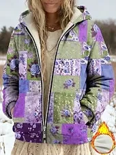 Women's Winter Coat Fleece Jacket Casual Jacket Warm Zipper Pocket Print Fashion Casual Floral Street Casual Regular Hoodie Loose Fit Long Sleeve Outerwear Blue Purple Green Spring Fall