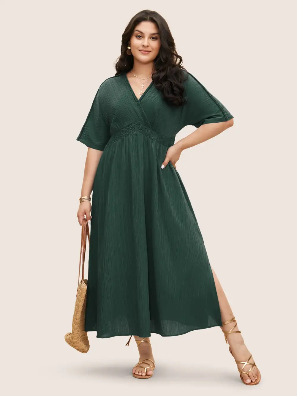 V Neck Shirred Contrast Webbing Split Side Dress