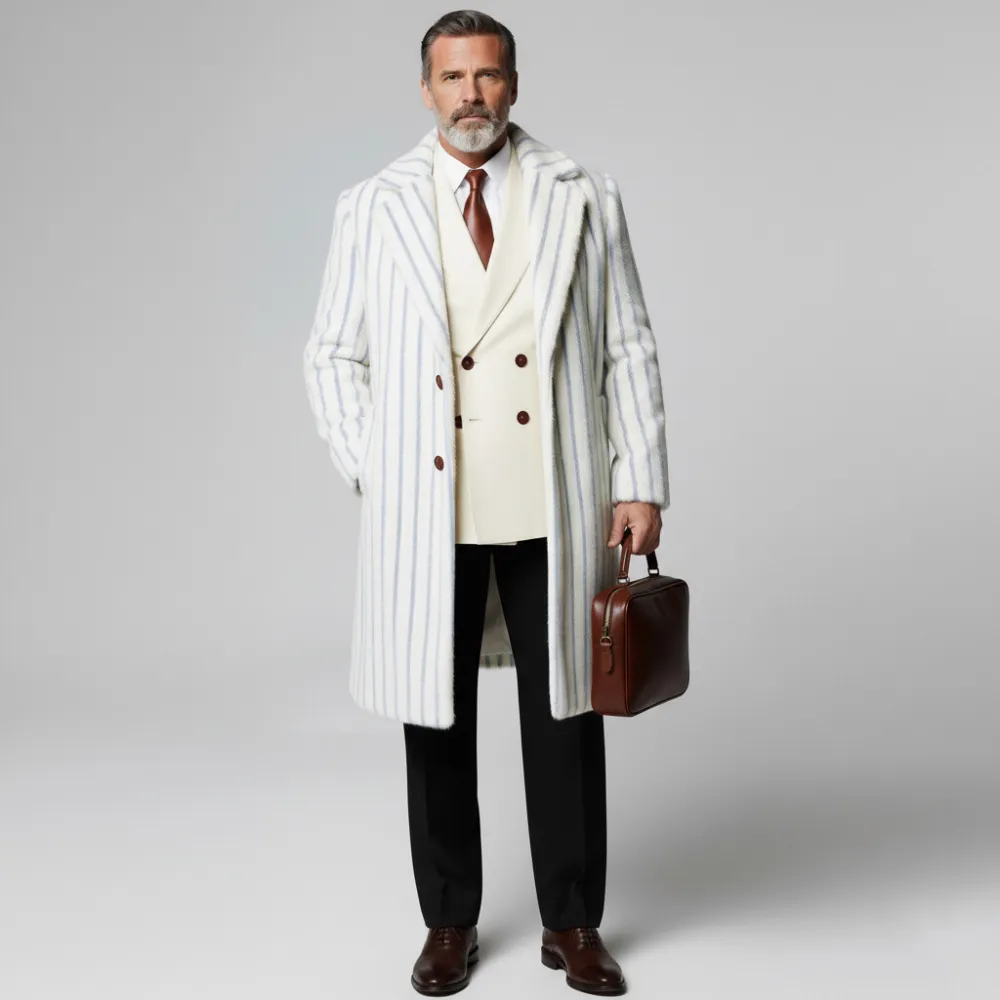 Men's White Striped Notch Lapel Two Button Long Sleeve Pocket Overcoat