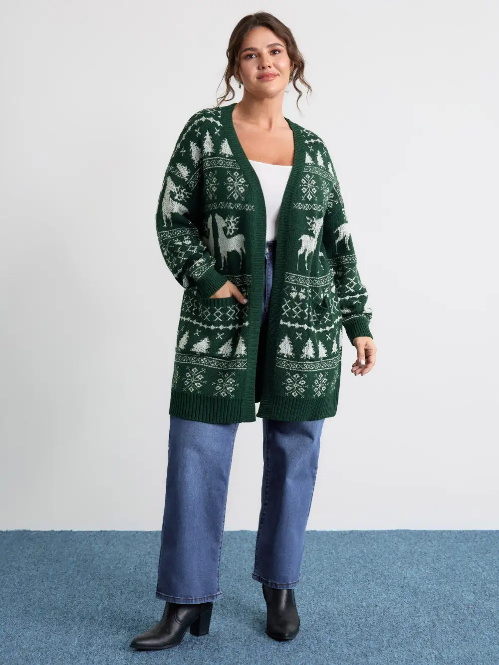 Elk Christmas Print Jacquard Open-Front Knit Cardigan