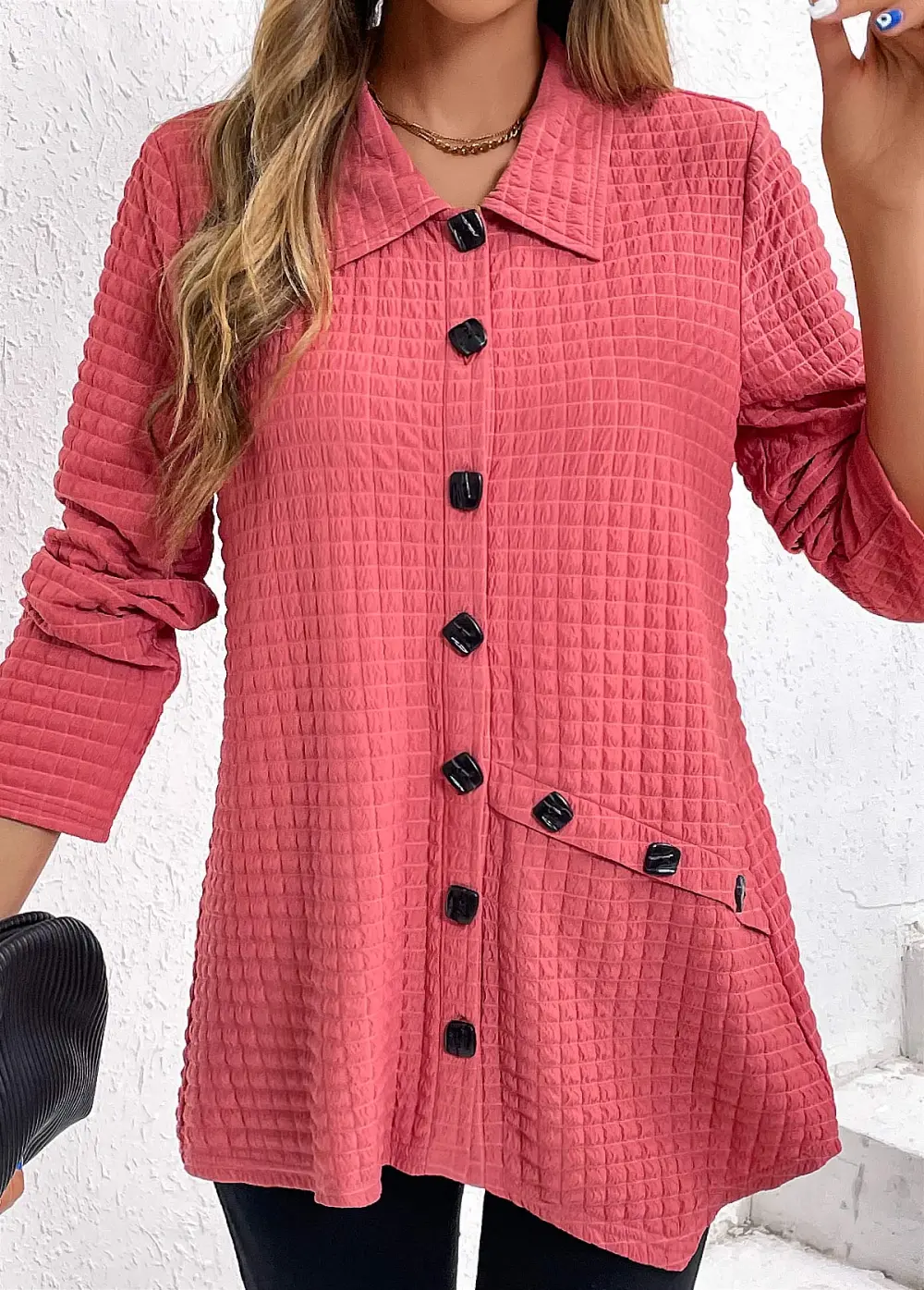 Coral Button Long Sleeve Shirt Collar Blouse