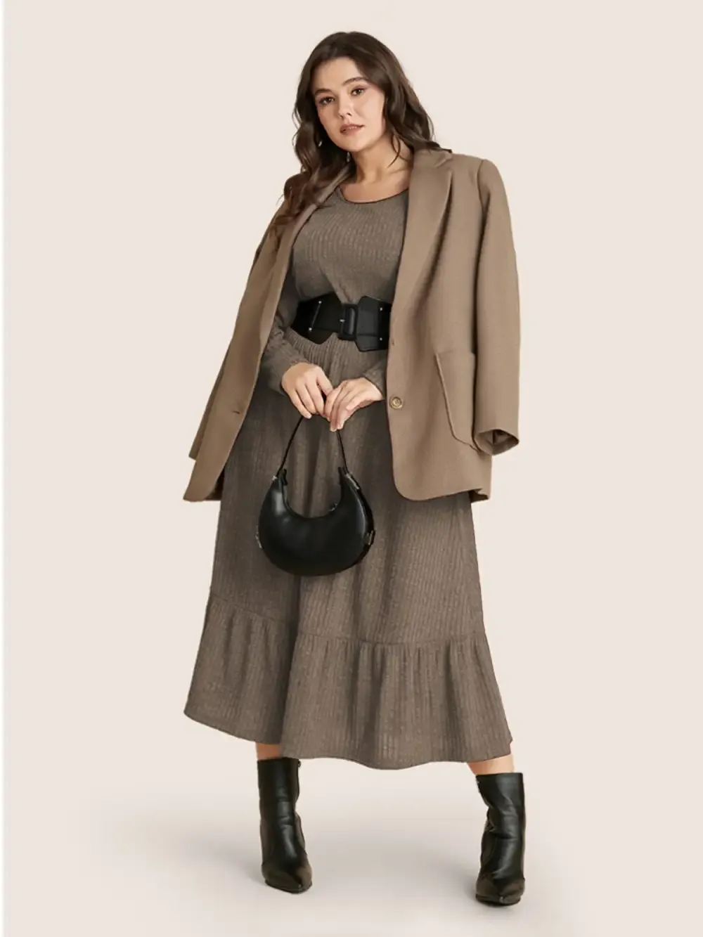 Solid Pocket Rib Knit Ruffle Hem Dress Without Belt