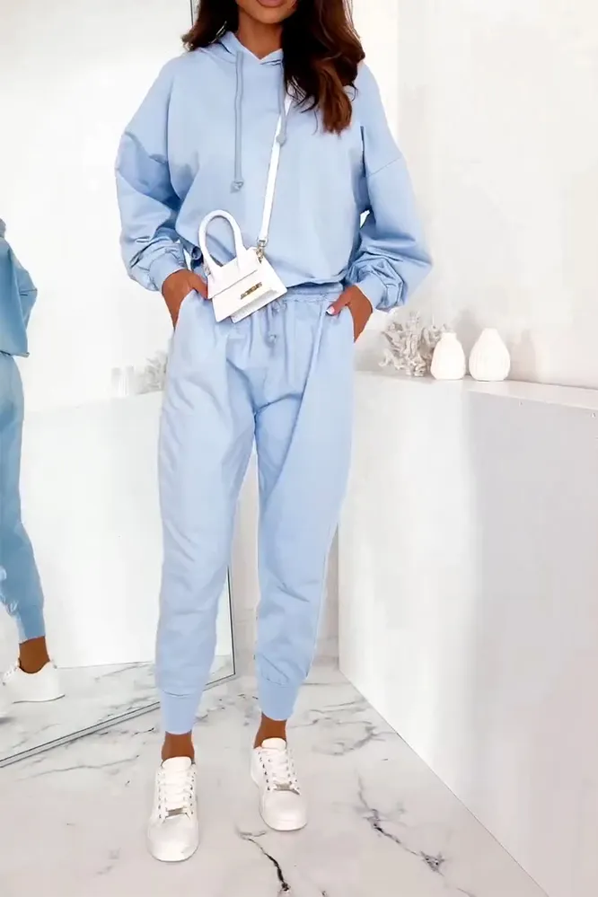 Women's Solid Color V-neck Hoodies & Pants Two Piece Set