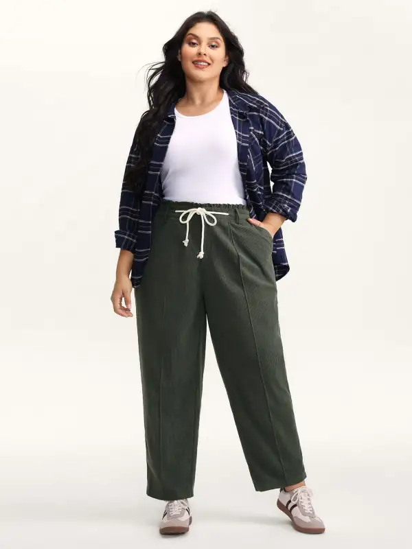 Textured Drawstring Waist Pleated Pants