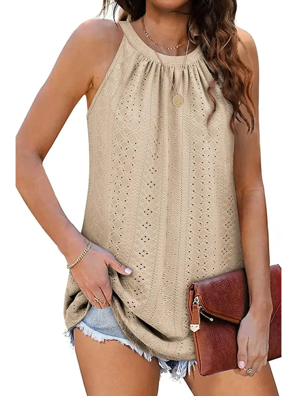 ✨Women Casual Pleated Eyelet Loose Fit High Neck Sleeveless Halter Tank Tops