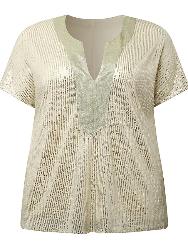 Women's Plus Size Shirt Blouse Silver Gold Plain Sparkly Sequins Half Sleeve Party Date Vacation Vintage Fashion Streetwear V Neck Regular Fit Summer Spring