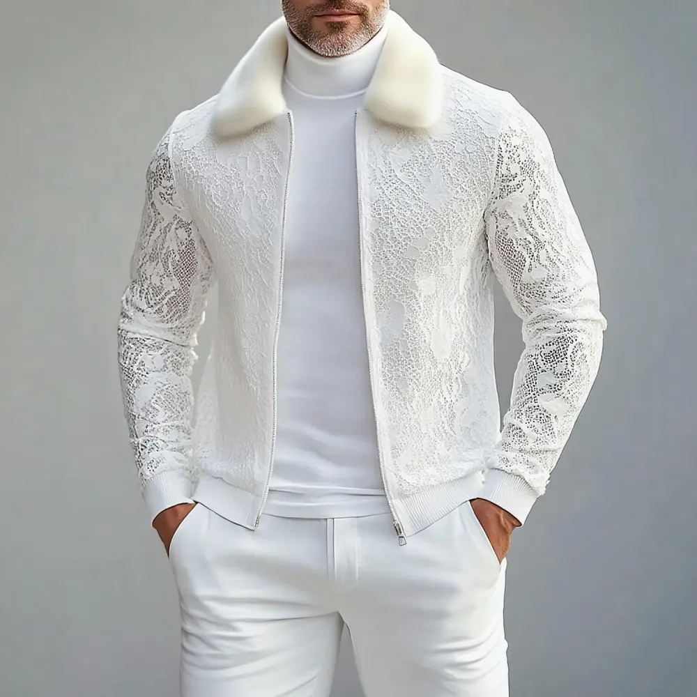 Men's Furry Turndown Collar Lace Long Sleeve Zip Up Jacket
