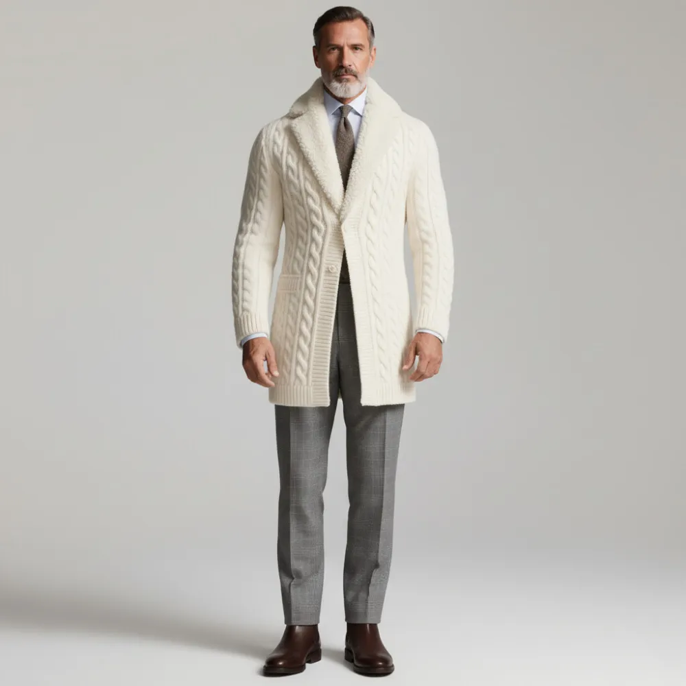 Men's Beige Cable Knit Shearling Collar Long Sleeve Two Button Sweater Coat