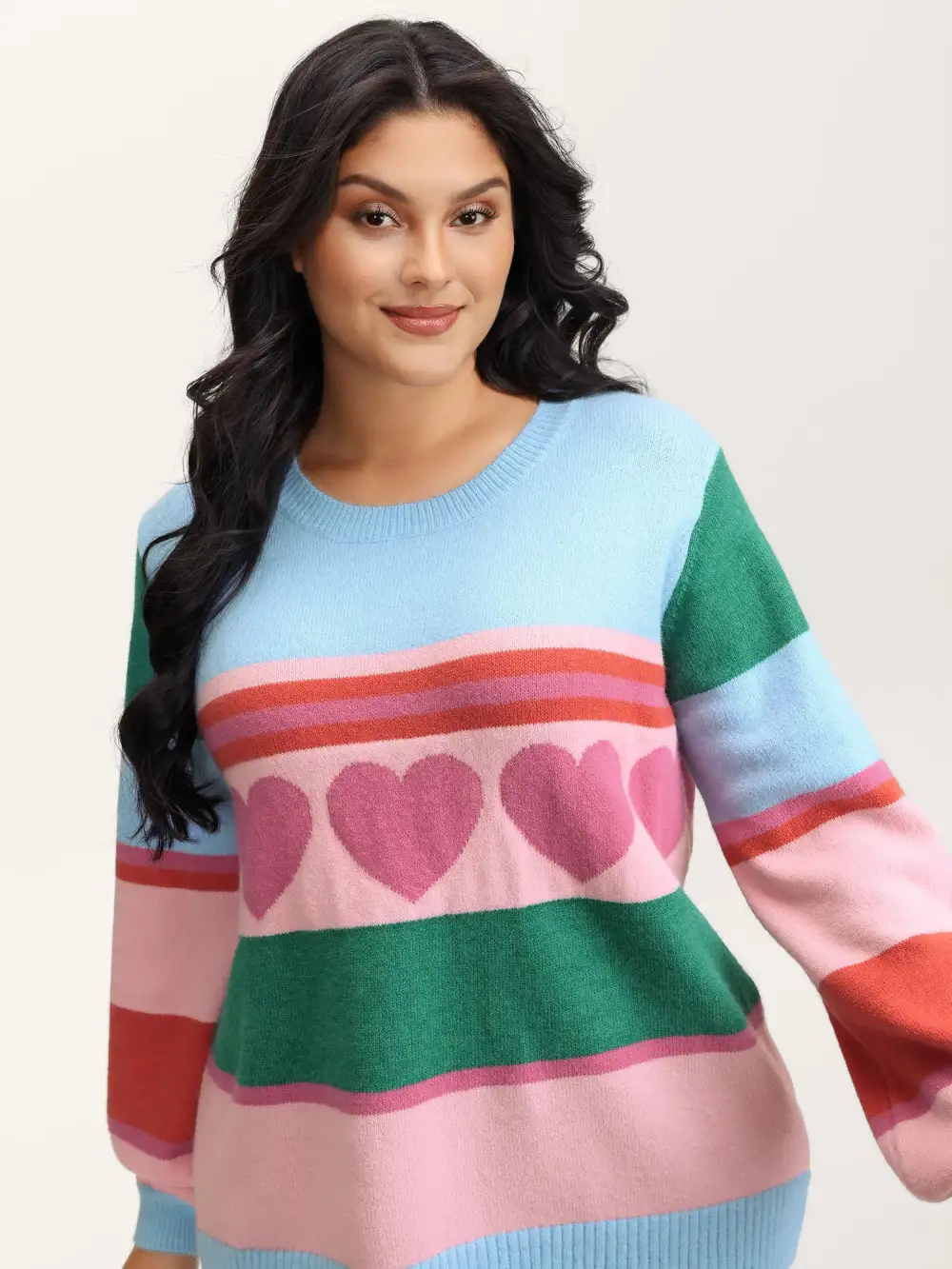 Heart Striped Print Jacquard Colorful Pullover