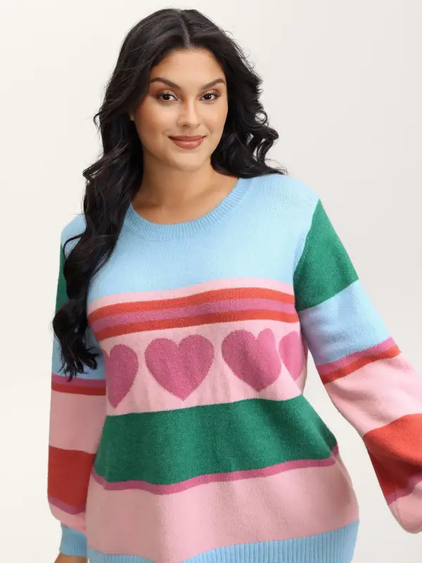 Heart Striped Print Jacquard Colorful Pullover