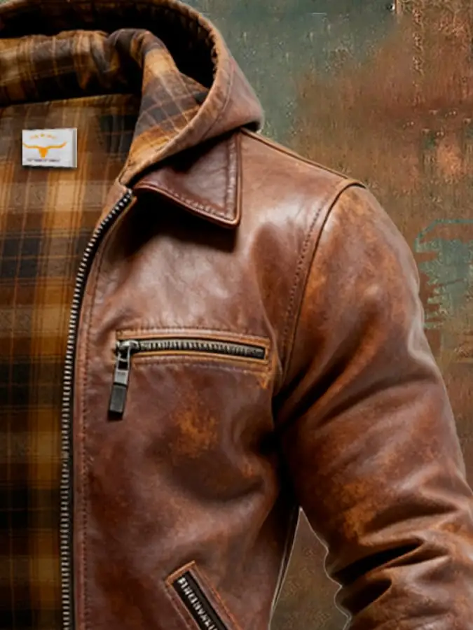 Men's Vintage Leather Patchwork Plaid Lining Multi-pocket Outdoor Jacket