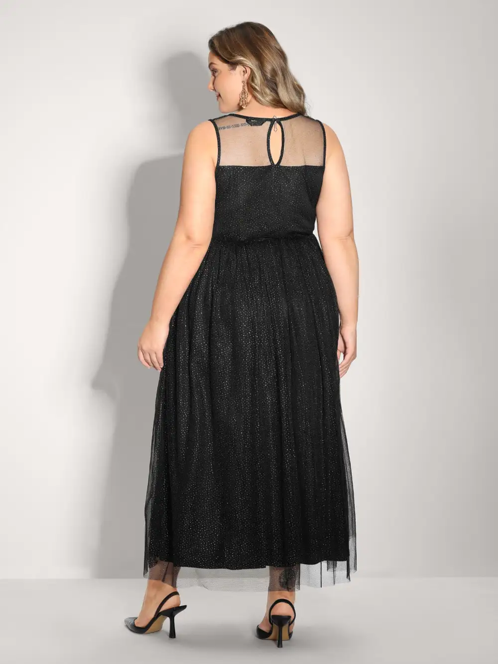 Shimmery Sheer Neckline Flowy Maxi Dress