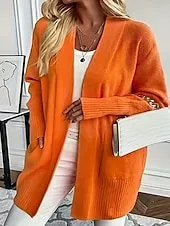Women's Sweater Cardigan Streetwear Casual Solid Color V Neck Pocket Knitted Long Sleeve Long Tops Knit Daily Holiday Going out Orange Apricot Fall Winter