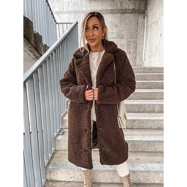 Women's Sherpa Jacket Comfortable Breathable Buttons Elegant Casual Plain Vacation Street Casual Daily Wear Single Breasted Long Hooded Regular Fit Long Sleeve Outerwear Brown Khaki Beige Spring Fall