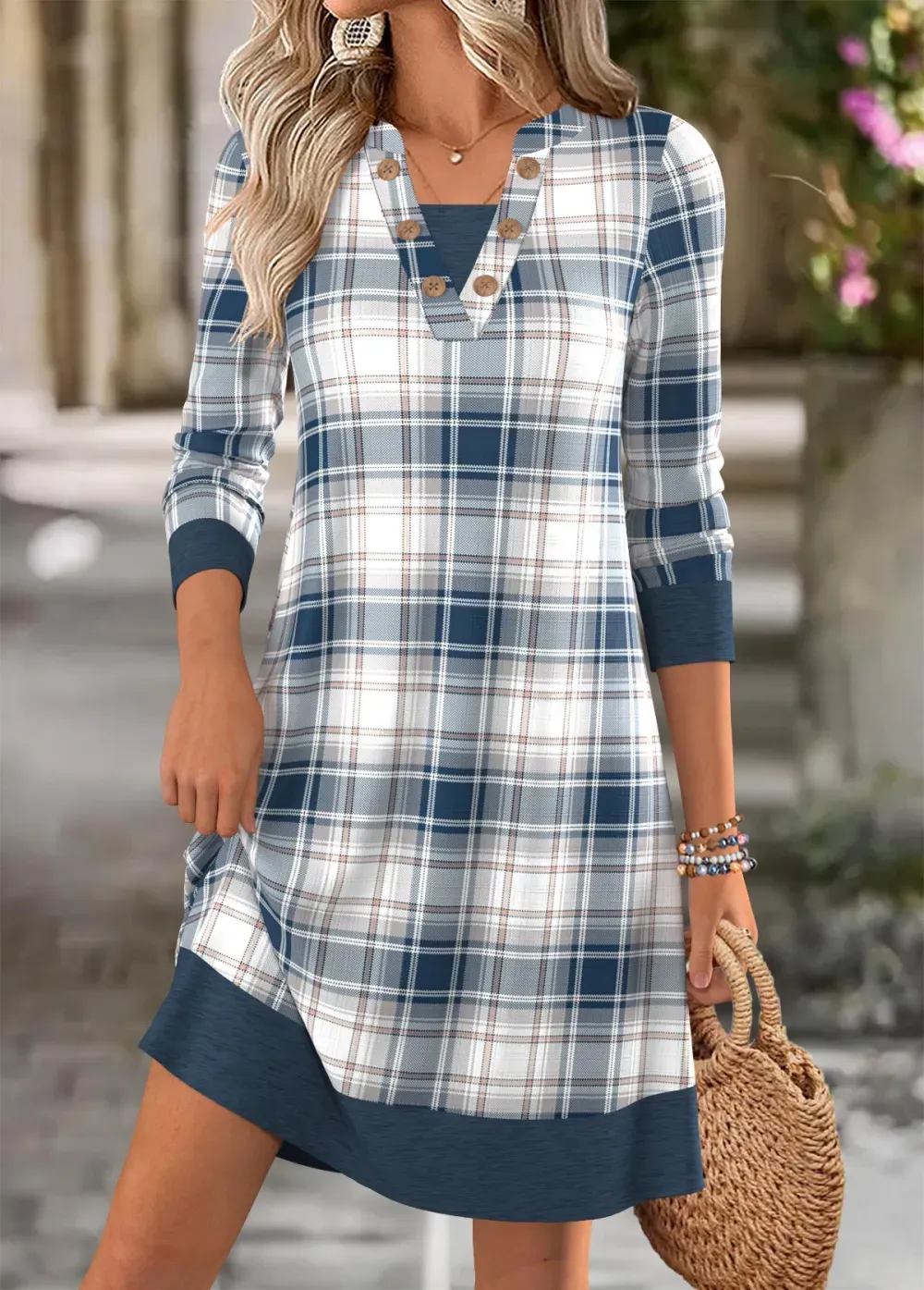 Dusty Blue Tummy Coverage Plaid Short Long Sleeve Dress