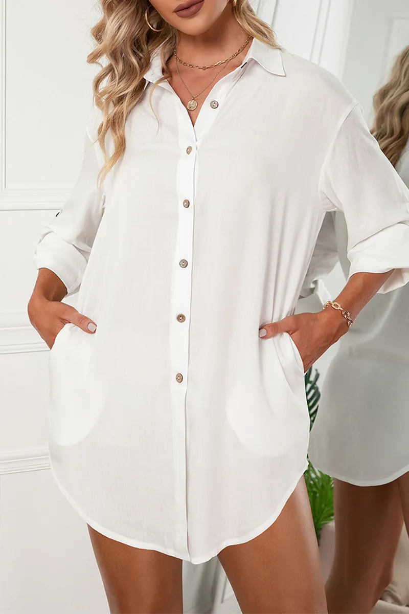 Casual Solid Buckle Turndown Collar Shirt Dress (6 Colors)