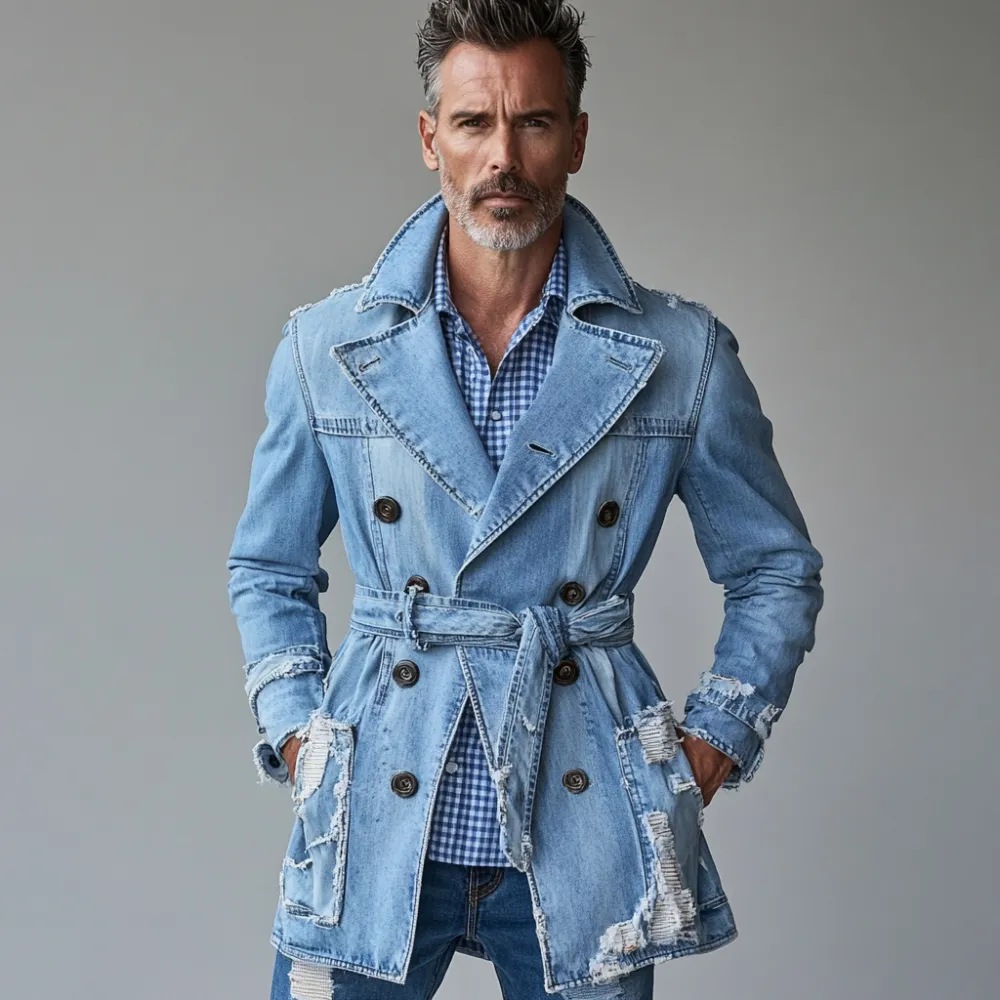 Men's Fashion Lapel Double Breasted Pocket Belt Ripped Denim Trench Coat
