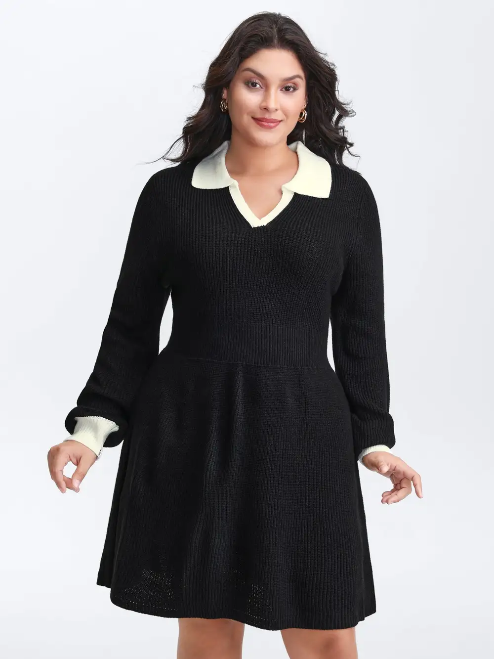 Polo Collar Textured Waist Defining Knit Dress