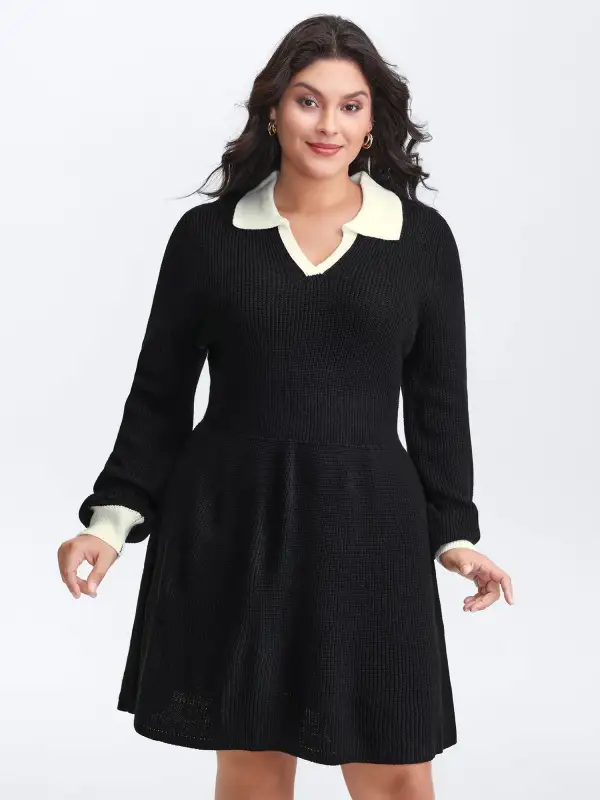 Polo Collar Textured Waist Defining Knit Dress
