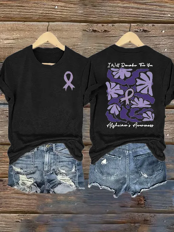 Women'S Alzheimer'S Awareness I Will Remember For You Floral Printed Short Sleeve T-Shirt