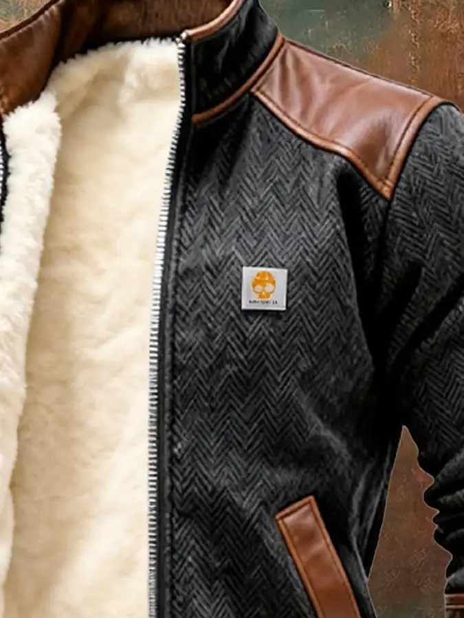 Men's Vintage Herringbone Pattern Leather Multi-Pocket Outdoor Jacket