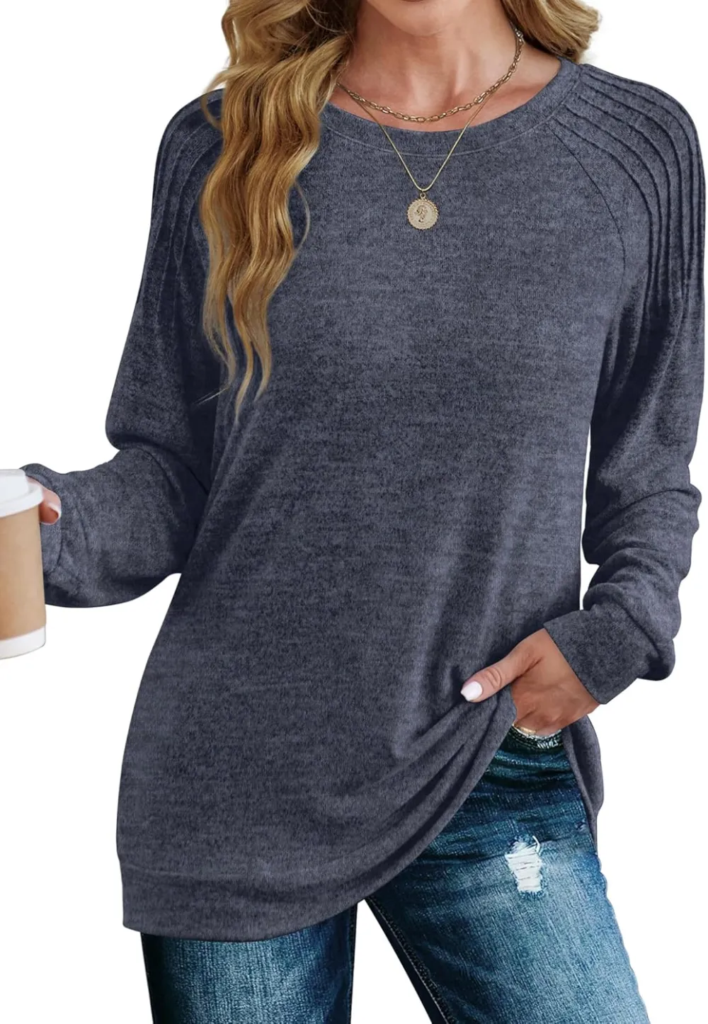 Sweatshirt for Women Crewneck Pleated Long Sleeve Shirts Tunic Tops Fashion 2024