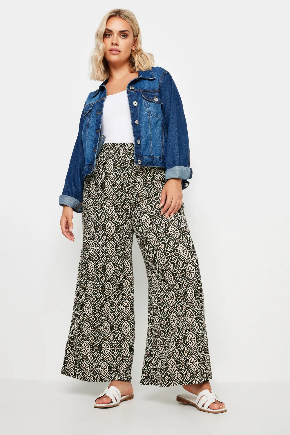 YOURS Curve Blue Abstract Print Textured Wide Leg Trousers