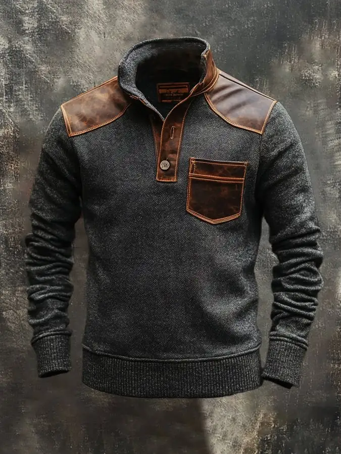 Men's Vintage Herringbone Leather Button-Down Stand Collar Long Sleeve Top