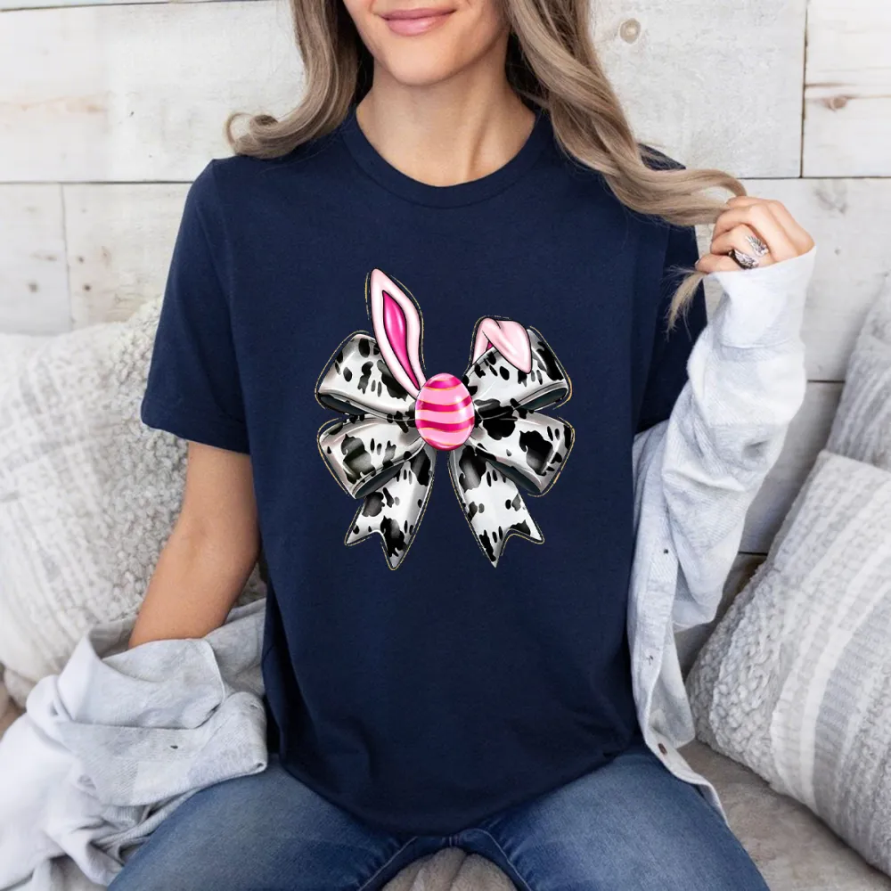 A Bow Pattern With Rabbit Ears, The Bow Is Black And White Stripes, And The Pink And White Striped Easter Egg Is Fashionable And Cute, Casual T-Shirt