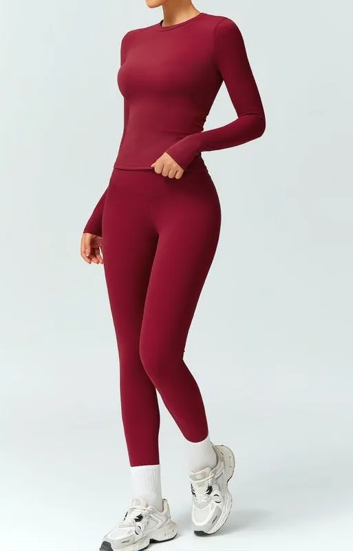 Women's Solid Color Tracksuit Set- Long Sleeve Tee & Leggings