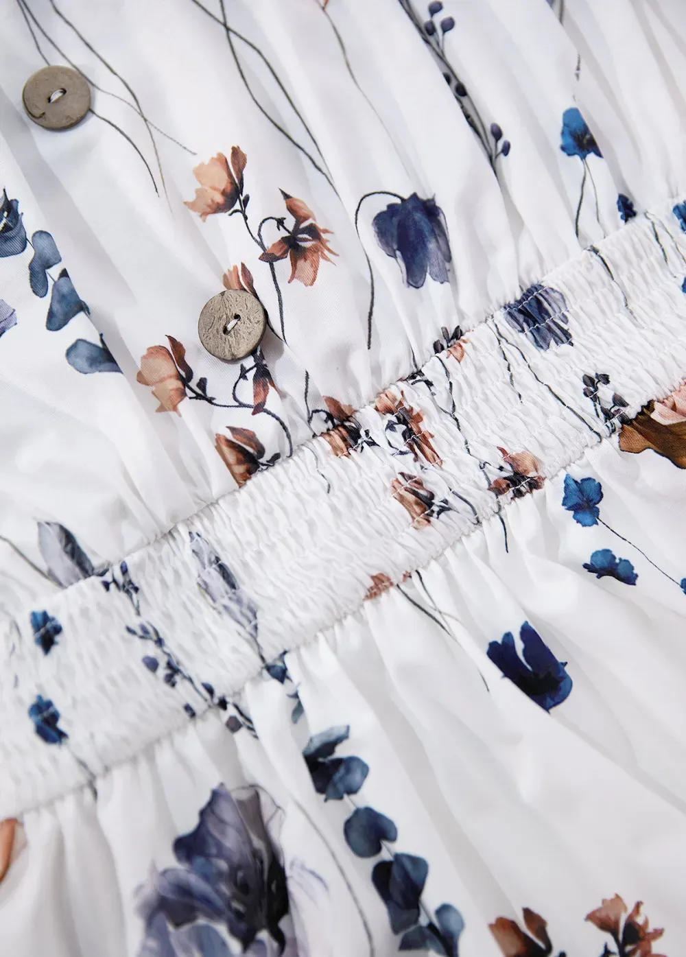 White Smocked Floral Print Short Sleeveless V Neck Dress